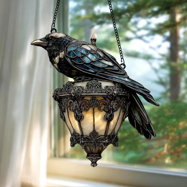Exquisite Black Crow Decorative Suncatcher – Faux Stained Glass Halloween Crow