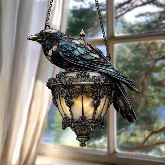 Exquisite Black Crow Decorative Suncatcher – Faux Stained Glass Halloween Crow